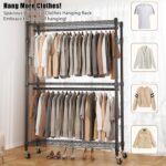 BATHWA Heavy Duty Rolling Garment Racks, 25mm Metal Pipe, 47.3" W x 17.7" D x 80.7" H Large Tall Portable Wardrobe Closet with 2 Rods, Wide Adjustable Shelves and Hangers, Clothing Hanging Storage - Image 3