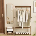 medla Wooden Clothes Hanger Rail: Heavy Duty Clothes Rail stand Bamboo Clothing Rack Wheels Clothes Rail Stand with Wheels Coat Rack on Wheels with 2 Tier Shelves for Bedroom, Living Room - Image 4