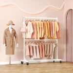 Hoctieon Double Rod Clothes Racks with Z-Base, Adjustable Clothing Rack, Standing Clothes Rack, Metal Clothing Racks for Hanging Clothes, Rolling Garment Rack, White - Image 7