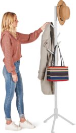 ZOBER Coat Rack Freestanding - Wooden 6 Hanger Clothing with Modern Hooks for Bag, Hat, Jacket, Purse, Umbrella Standing Hat Entryway White ZO-004