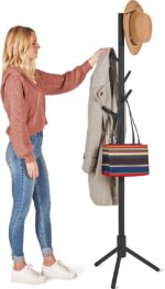 ZOBER High-Grade Wooden Tree Coat Rack Stand, 6 Hooks - Super Easy Assembly NO Tools Required 3 Adjustable Sizes Free Standing Hallway Hanger Hat for Handbag, Clothes & Accessories Black ZO-005