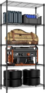 MZG 5-Tier Adjustable Heavy-Duty Metal Storage Shelving Unit, Industrial-Grade Steel Wire Rack for Garage, Warehouse, Supermarket, Balcony and Garden (Black, 40 × 85 × 174 cm), 567 kg Capacity