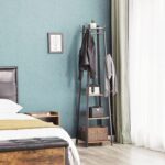 medla metal Freestanding Clothes Hanger Stand: Metal Coat Rack with 4 Tier Wooden Shelves and 8 Hanging Hooks Industrial Cloth Shelf Organizer Hall Stand for Entryway Office Bedroom Corner - Image 4