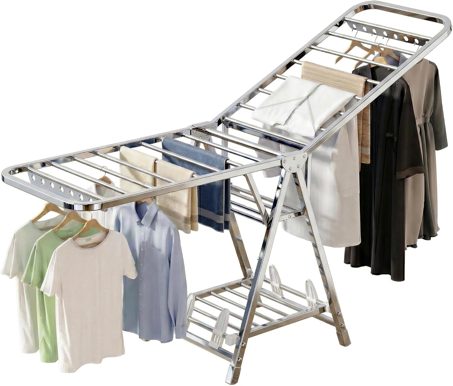 81WfIidCDXL._AC_SL1500_.jpg Stainless Steel Clothes Drying Rack (180cm/71") - Heavy Duty Foldable 3-Tier Laundry Stand with Hidden Wheels, Space-Saving Airer with Shoe Rack, Silver (منشر ملابس كبير وقوي) - Image 1