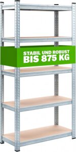 Monzana® Heavy-Duty Free Standing Shelf | 875kg Capacity | 5 Tier | MDF Shelf Panels | Boltless Storage Shelves | Garage Basement Shed Workshop Racking | 180 x 90 x 40cm | Silver