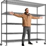 REIBII 85.7" H Storage Shelves 2998LBS Metal Shelving Unit with Wheels & Feet, 5 Tier Garage Shelving Heavy Duty Adjustable Wire Shelf for Pantry Kitchen Garage, 85.7" H X 55.5" W X 24.2" D