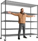 REIBII 85.7" H Storage Shelves 2998LBS Metal Shelving Unit with Wheels & Feet, 5 Tier Garage Shelving Heavy Duty Adjustable Wire Shelf for Pantry Kitchen Garage, 85.7" H X 55.5" W X 24.2" D