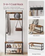 Vasagle Coat Rack Stand, Industrial Coat Tree, Hallway Shoe Rack And Bench With Shelves, Hall Tree With Hooks, Matte Metal Frame, Height 175 cm Rustic Brown Hsr41Bx - Image 3