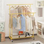Calmootey Double Rod Clothing Garment Rack,Rolling Hanging Clothes Rack,Portable Clothes Organizer for Bedroom,Living Room,Clothing Store,Gold - Image 4