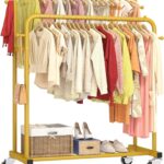 Laiensia Double Rods Garment Rack with Wheels, Clothing Rack for Hanging Clothes,4 Hooks, Multi-Functional Bedroom Clothes Rack, Gold