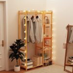 Bamboo Garment Clothing Rack, Coat Hanging Rack with Storage Shelves Open Wardrobe Coat Stand Clothes Shoes Organizer with Back Cover for Entryway Living Room - Image 4