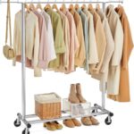 SONGMICS Clothes Rack on Wheels, Heavy Duty Clothes Rail, with Extendable Hanging Rail, 90 kg Load Capacity, Easy Assembly, Portable, Silver HSR13S