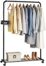 SONGMICS Clothes Rack on Wheels, Single-Rail Metal Garment Rack, with Storage Shelf, Top Rail Holds up to 40 kg, Black HSR25BK
