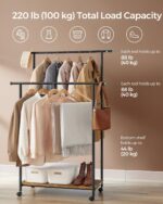 SONGMICS HSR152B01 Coat Rack with Wheels, Double Bar Coat Rack with Shelf, 98.5 cm Wide, 100 kg Total, Steel Frame, Rustic Brown and Black Ink - Image 3