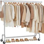 SONGMICS Clothes Rack with Wheels, Heavy-Duty Garment Rack with Extendable Hanging Rod, 286.6 lb Load Capacity, 17.7 x (43.3-59.1) x 64.1 Inches, Chrome-Plated, Silver UHSR11S