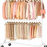 Hoctieon Double Rod Clothes Racks with Z-Base, Adjustable Clothing Rack, Standing Clothes Rack, Metal Clothing Racks for Hanging Clothes, Rolling Garment Rack, White