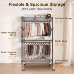 Whitmor 3 Tier Rolling Garment Rack, Heavy Duty Adjustable Metal Clothing Rack with Side Hooks, Double Rods & 360° Lockable Wheels, Max 600LBS for Hanging Clothes, 43" L x 18" W x 80" H, Black - Image 7