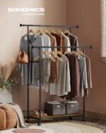 SONGMICS HSR152B01 Coat Rack with Wheels, Double Bar Coat Rack with Shelf, 98.5 cm Wide, 100 kg Total, Steel Frame, Rustic Brown and Black Ink - Image 2