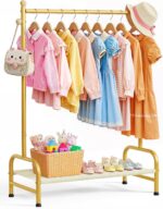 Sakugi Clothes Rack - Sturdy Metal Kids Clothing Rack with Bottom Storage Shelf & Adjustable Feet, Dress Up Storage for Toddler's Bedrooms, Nurseries, Playrooms, 31" x 12.5" x 47.8", Gold