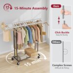 Tajsoon Double Rod Clothes Rack Load 480 LBS, Heavy Duty Rolling Garment Rack with Wheels, Collapsible Clothing Rack for Hanging Clothes, Commercial Adjustable Clothes Rack with Shelf, Black - Image 5
