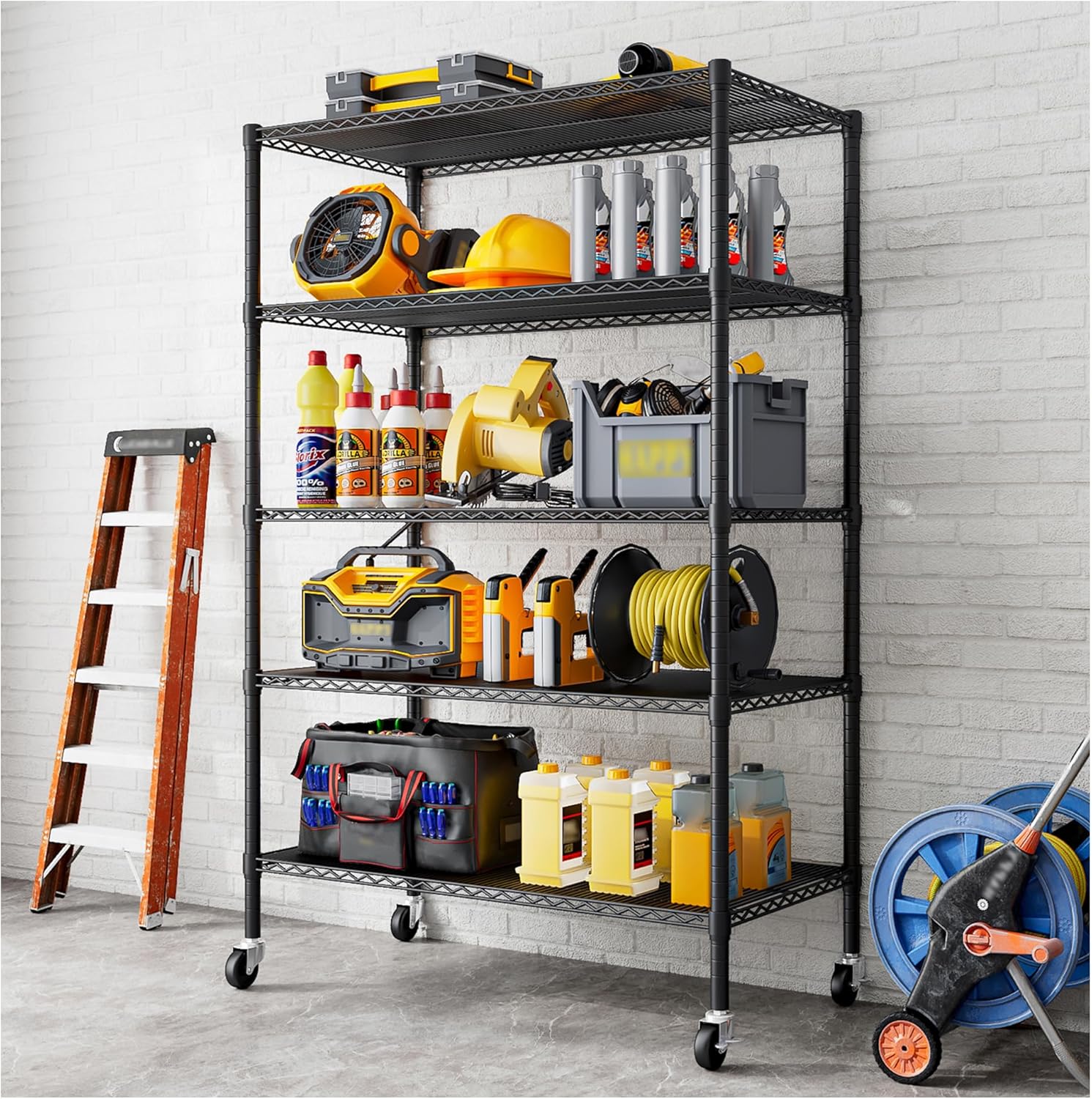 81mThOPIKEL._AC_SL1500_.jpg Heavy Duty Garage Shelving Unit - 182.9x91.3x45.7 cm - Adjustable Wire Shelving Unit Storage Shelves with Wheels, 5 Tier, Black - Image 1
