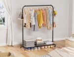 Clothes Rail, Portable Clothes Rack with Hook and Metal Storage Shelf, Heavy Duty Clothes Rail on Wheels, Clothing Rail Clothes Rails for Bedroom, Hanging Rails for Clothes, Holds up to 40 kg, Black - Image 2