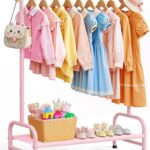 Sakugi Clothes Rack - Sturdy Metal Kids Clothing Rack with Bottom Storage Shelf & Adjustable Feet, Dress Up Storage for Toddler's Bedrooms, Nurseries, Playrooms, 31" x 12.5" x 47.8", Pink