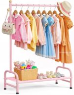 Sakugi Clothes Rack - Sturdy Metal Kids Clothing Rack with Bottom Storage Shelf & Adjustable Feet, Dress Up Storage for Toddler's Bedrooms, Nurseries, Playrooms, 31" x 12.5" x 47.8", Pink