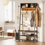 Bestier LED Clothes Rack with Shoe Bench, 4-in-1 Clothes Hanger Stand with Storage Cubes, Industrial Coat Rack with Hooks & Grid Board, Freestanding Cloth Hanger for Entryway Bedroom, Walnut - Image 7