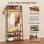 Bestier Clothes Rack with Shoe Bench and LED Light, 4-in-1 Clothes Hanger Stand with Storage Cubes, Industrial Clothing Rack with Hooks & Grid Board for Entryway Bedroom Hallway, Pinewood - Image 2