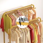Laiensia Double Rods Garment Rack with Wheels, Clothing Rack for Hanging Clothes,4 Hooks, Multi-Functional Bedroom Clothes Rack, Gold - Image 6