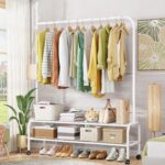 Lukzer Multipurpose Exquisite Single Pole Metal Garment Rack with 2 Bottom and Wheels Shelf Movable Clothing Stand Cloth Storage Organizer (White/34X120X173cm)