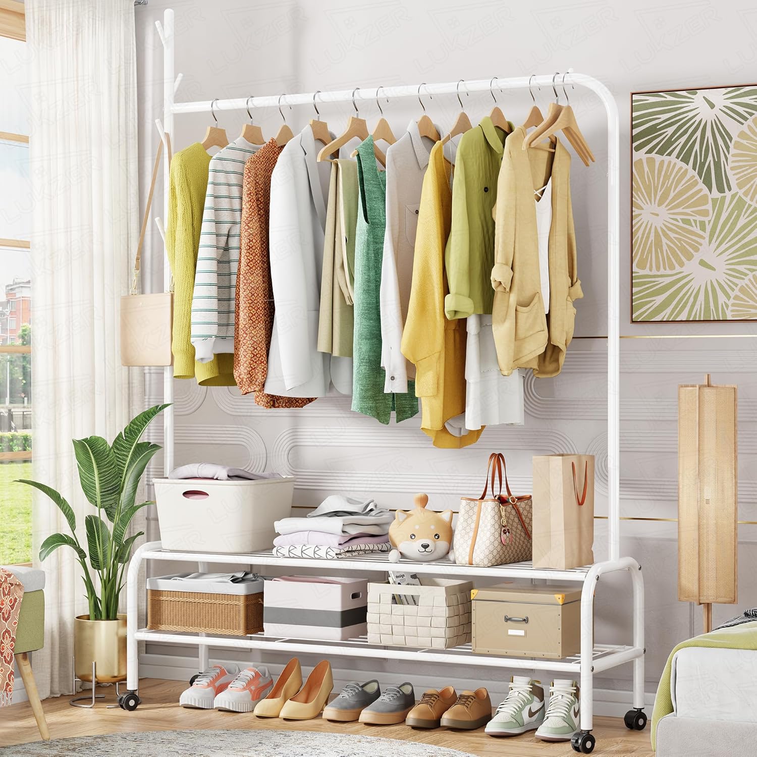 81s1mvUqJzL._AC_SL1500_.jpg Lukzer Multipurpose Exquisite Single Pole Metal Garment Rack with 2 Bottom and Wheels Shelf Movable Clothing Stand Cloth Storage Organizer (White/34X120X173cm) - Image 1
