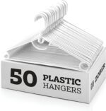 ZOBER Standard Plastic Hangers Pack of 50, Durable Slim Lightweight Clothes Hangers with Built-in Strap Hooks, Space Saving Closet Organizer for Shirts, Pants & Dresses