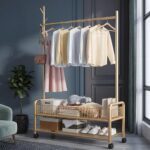 Beauenty 3 in 1 Heavy Duty Metal Rolling Clothes Rack, Gold Minimalist Design, Perfect for Coats, Shirts, Dresses, Bags, Storage & Organization