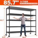 REIBII 85.7" H Storage Shelves 2998LBS Metal Shelving Unit with Wheels & Feet, 5 Tier Garage Shelving Heavy Duty Adjustable Wire Shelf for Pantry Kitchen Garage, 85.7" H X 55.5" W X 24.2" D - Image 3
