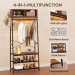 Bestier LED Clothes Rack with Shoe Bench, 4-in-1 Clothes Hanger Stand with Storage Cubes, Industrial Coat Rack with Hooks & Grid Board, Freestanding Cloth Hanger for Entryway Bedroom, Walnut - Image 2