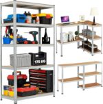 Garage Shelving Units 5-Tier Storage Shelves, 175kg Per Shelf, 5mm MDF Boards, Shed Storage Racking Shelf Adjustable Metal Boltless Design for Living Room,Office(Silver,70x30x150cm)