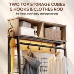 Bestier Clothes Rack with Shoe Bench and LED Light, 4-in-1 Clothes Hanger Stand with Storage Cubes, Industrial Clothing Rack with Hooks & Grid Board for Entryway Bedroom Hallway, Pinewood - Image 3