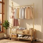 Beauenty 3 in 1 Heavy Duty Metal Rolling Clothes Rack, Gold Minimalist Design, Perfect for Coats, Shirts, Dresses, Bags, Storage & Organization - Image 9