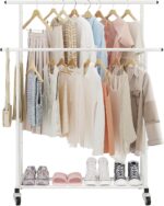 Calmootey Double Rod Clothing Garment Rack,Rolling Hanging Clothes Rack,Portable Clothes Organizer for Bedroom,Living Room,Clothing Store,White - Image 2