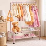 mirolam Kids Clothing Rack - Kids Dress Up Clothes Storage Racks - Dress Up Rack for Little Girls - Small Kids Costume Wardrobe Rack with 2 Floors Storage Shelf - Mini Short Kids Clothing Garment Rack - Image 5