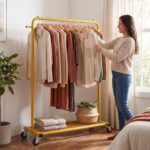 Sywhitta Clothes Rack on wheels, Clothing Rack with Bottom Mesh Storage Shelf,Sturdy Metal Frame,Rolling Garment Rack for Hanging Clothes,Coats,Skirts,39.76" L x 16" W x 64.56" H,Golden - Image 5