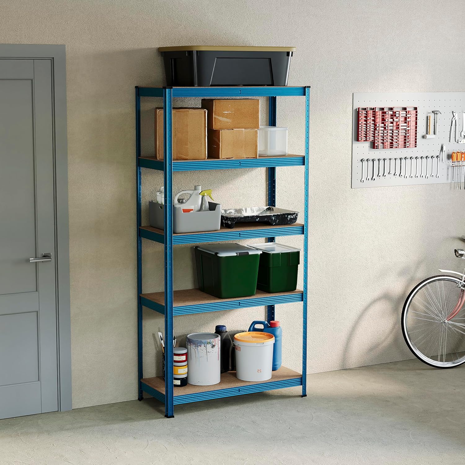 91x-rOAUfrL._AC_SL1500_.jpg Home Vida 5 Tier Blue Heavy Duty Adjustable Steel Garage Shelving Unit (H) 1800mm (W) 900mm - 875kg Weight Capacity - Image 1