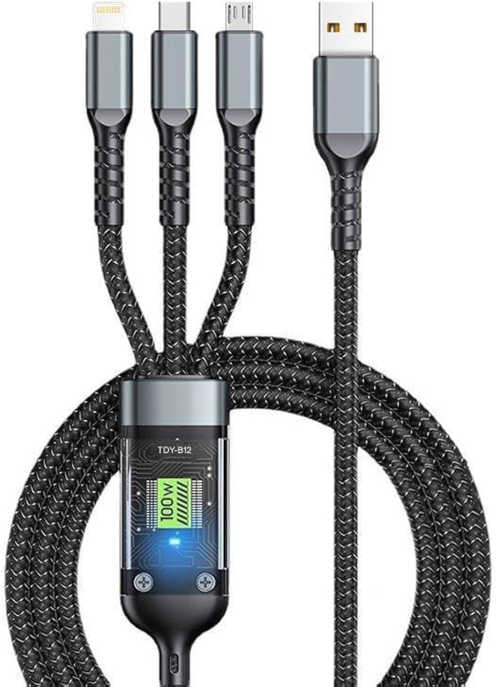Elonsey ELONSEY Fast USB Cable Charger, 3-in-1 Multi Charging 100W, Type-C/Micro USB/Lightnning, Compatible with All Devices, Strong and Durable, Black, 1.2 Meters
