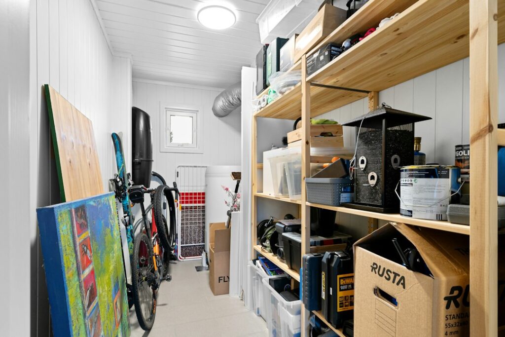 Organized storage shelving in a home or garage, illustrating storage racks and home organization